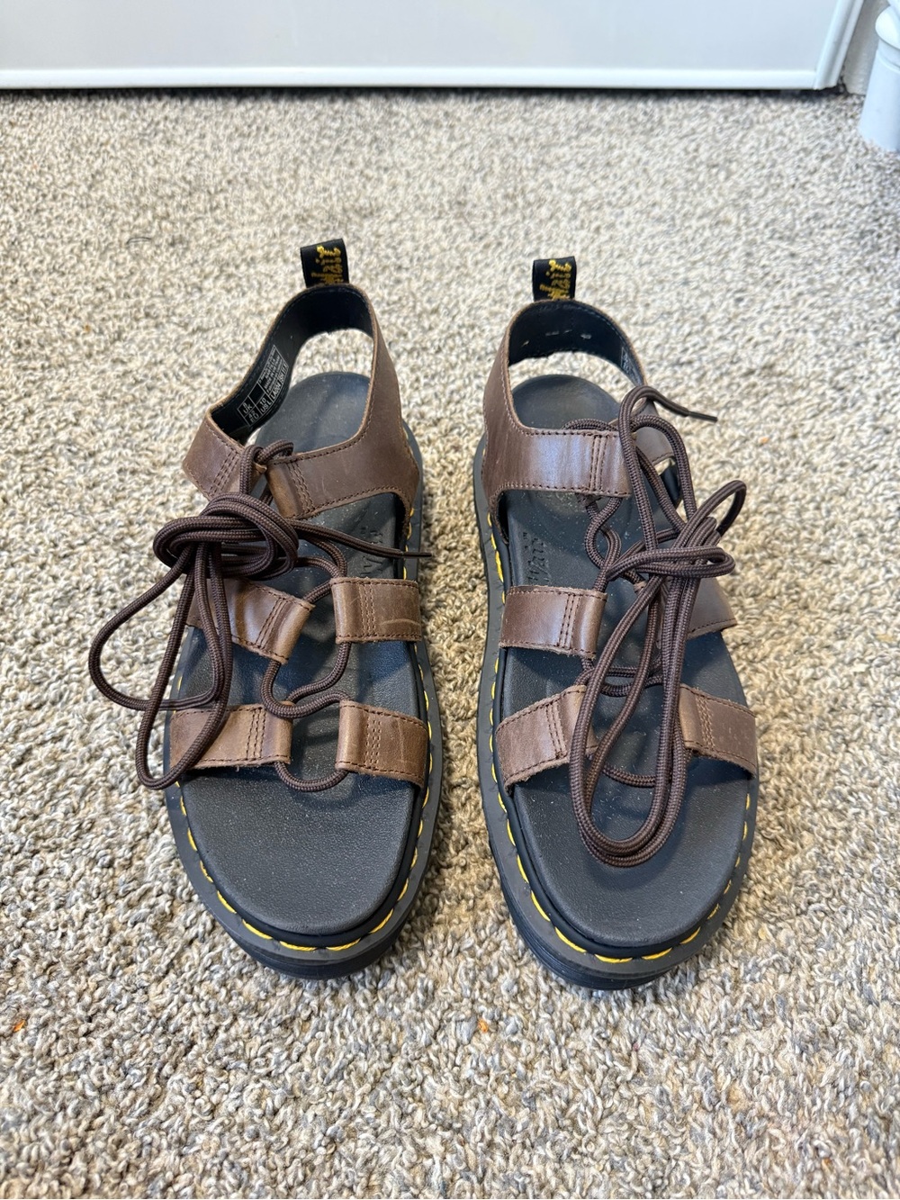 Dr. Martens Brown Leather Fisherman Sandal with Yellow Stitching